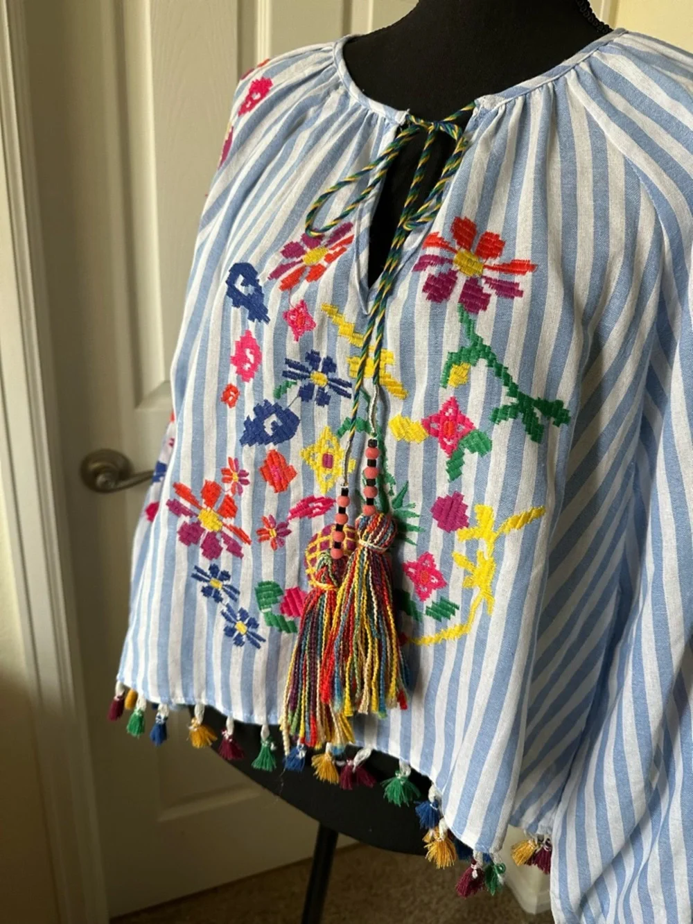 Zara‎ Blue White Striped Embroidered Tassel Peasant Blouse Size M